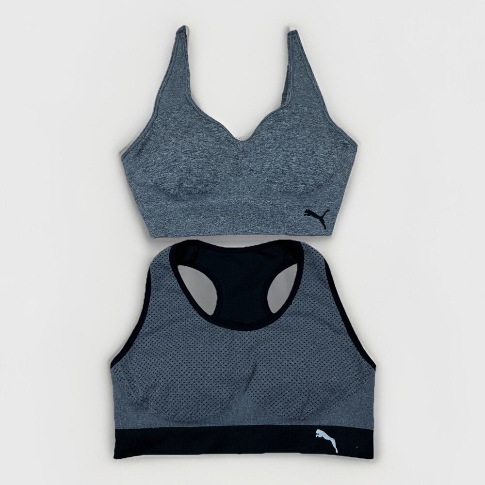 PUMA Womens Sports Bra 2 Lot Size M Gray Black Racerback Seamless Athletic Gym